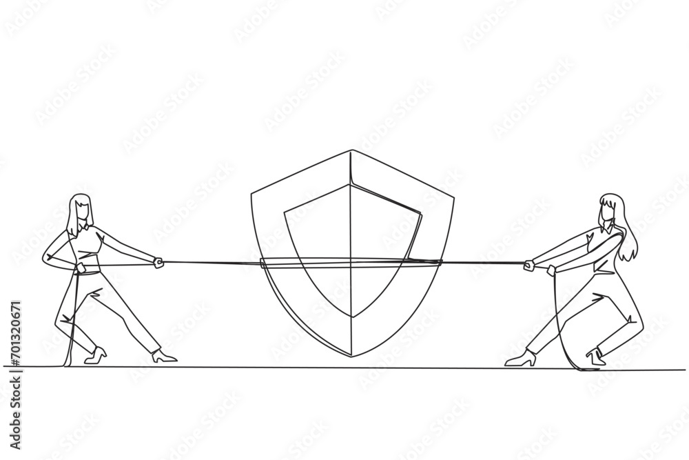 Aufkleber single continuous line drawing two businesswomen fighting over shield. compete to protect. maintain 