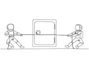 Single continuous line drawing two astronauts fighting over a safe deposit box. Fierce competition wins the safest storage space. Save expedition results. Cosmic. One line design vector illustration