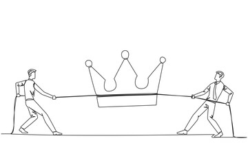 Single one line drawing two businessmen fight for the crown. Competition to create highly profitable business empire. Mastering market economy. Monopoly. Continuous line design graphic illustration