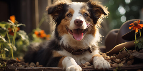 sweet cute smiling white hairy border collie dog sits on a flower bed in the home garden - obrazy, fototapety, plakaty