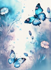 blue butterflies on a blue background painted with watercolor 