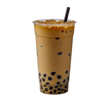 Refreshing bubble tea with tapioca pearls in a clear cup with a straw, isolated on a transparent background, perfect for drink menus.
