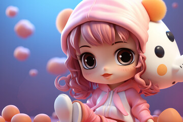 Cute Chibi Anime kawaii girl cartoon 3D illustration
