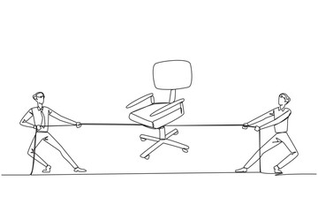 Single continuous line drawing two businessmen fighting over an office chair. Competition for worthy positions in the company. Everything is done to achieve it. One line design vector illustration