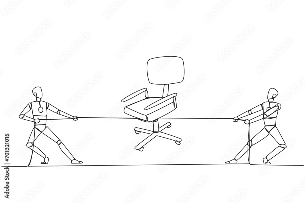 Poster single continuous line drawing two robots fighting over an office chair. competition provides the be