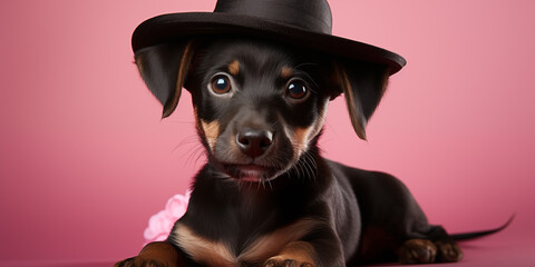 sweet cute smiling white hairy pup dog, wearing a black hat, sitting ona a pink soft background - obrazy, fototapety, plakaty
