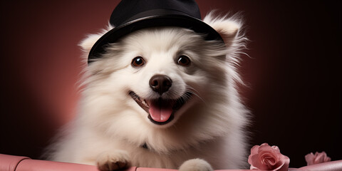 a very cute smiling white hairy dog, wearing a black hat, sitting ona a pink soft background