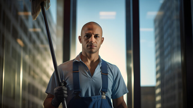 a portrait of a window cleaner in work attire, holding a squeegee or cleaning tools, with tall buildings and windows softly blurred in the background.