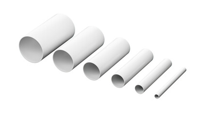 White PVC Pipe fittings joint, PVC Pipes Different size isolated 3d illustration