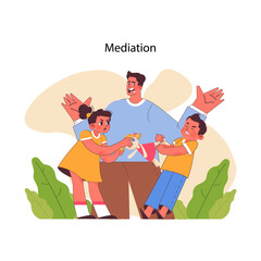 Mediation concept. Mediator resolves a dispute between two kids over a toy, fostering harmony and conflict resolution among children. Flat vector illustration