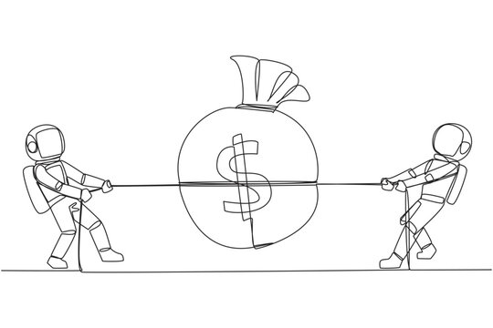 Single one line drawing two astronauts fighting over a money bag. Fight for financial aid for an important expedition into space. Trying to achieve dreams. Continuous line design graphic illustration
