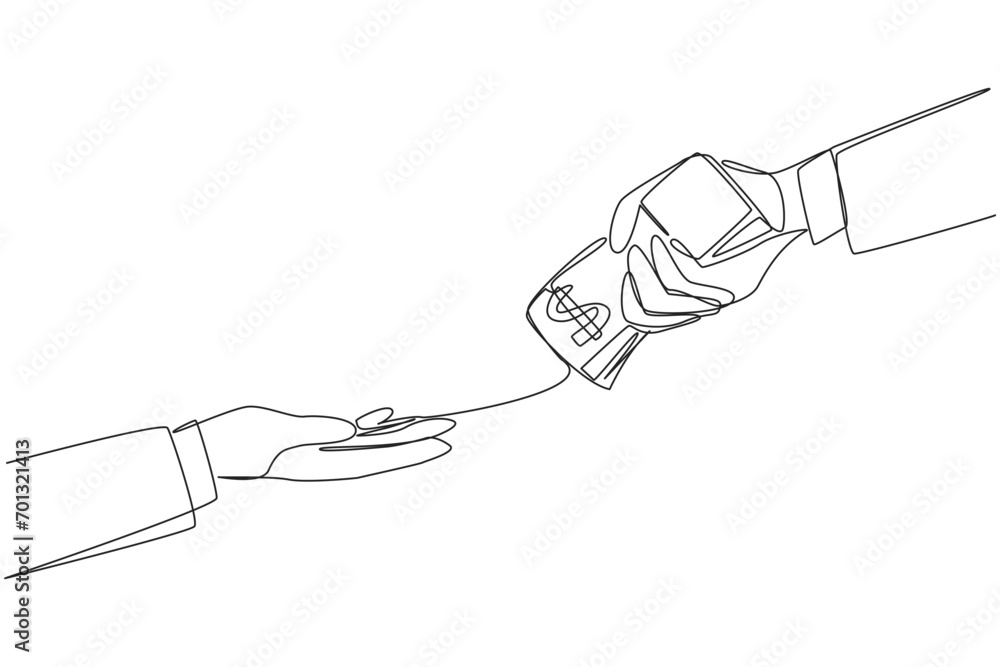 Poster single continuous line drawing a hand passes a stack of banknotes to colleague. without checks. acqu