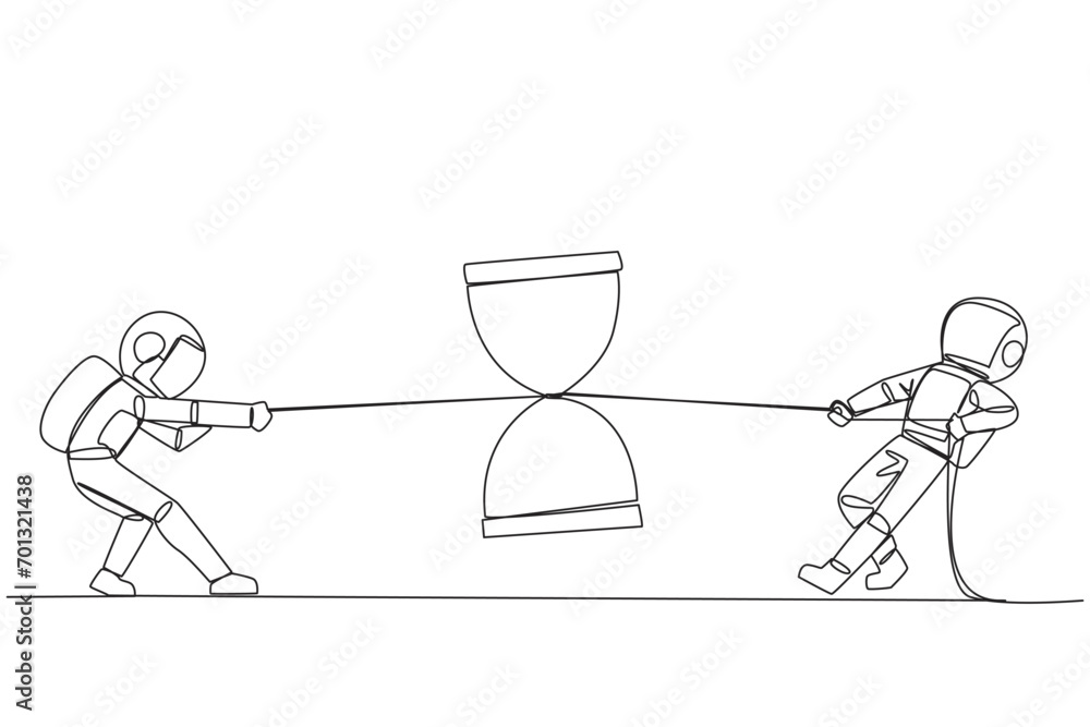 Aufkleber continuous one line drawing two astronauts fighting over hourglass. fierce battle completes the expe