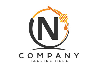 Honeycomb bees Logo With N Letter Concept. Honey logo font emblem vector illustration