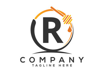 Honeycomb bees Logo With R Letter Concept. Honey logo font emblem vector illustration
