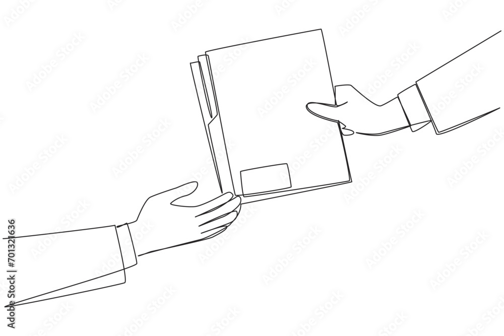 Poster continuous one line drawing hand gives document folder. concept of sharing work data. provide work t