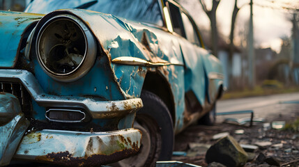 closeup Abandoned old car in a scrapyard - obrazy, fototapety, plakaty