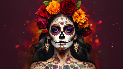 Halloween woman with sugar skull makeup, calavera, dias de los muertos, 