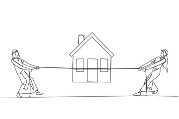 Obraz premium Continuous one line drawing two Arabian businessmen fight over a miniature house. The struggle to achieve dream home. Investment that won't make a loss. Single line draw design vector illustration
