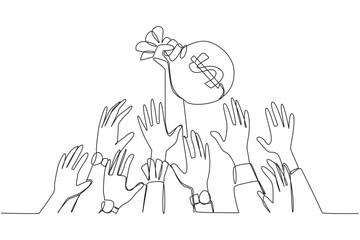 Single one line drawing hands fighting over the money bag. Hands full of ambition want to make big profits. Fighting for money. Justifies any means. Wealth. Continuous line design graphic illustration