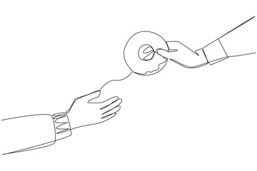 Single one line drawing hand giving donut. Provides soft donut snacks. Want to enjoy light and sweet food together. Share moments of togetherness. Enjoy. Continuous line design graphic illustration