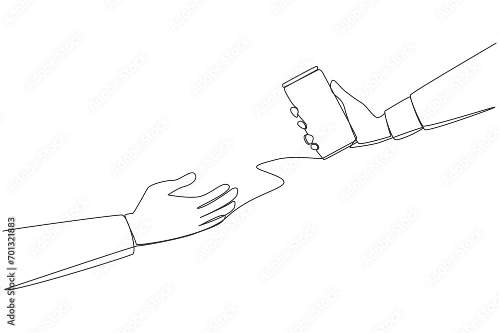 Poster single continuous line drawing hand giving canned drink. soft drinks. cold drink after exercise. dri