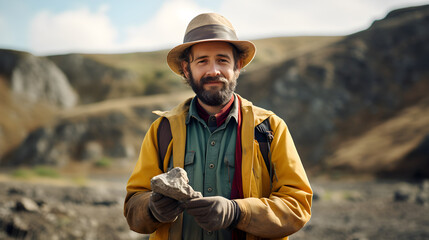 a geologist in field attire, holding a geological rock, with a rocky landscape or natural formation softly blurred behind. - obrazy, fototapety, plakaty