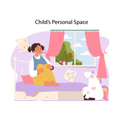 Cherishing solitude concept. Girl resting in her room. Serene moment in child personal space, fostering independence and tranquility. Embracing quiet reflection and comfort. Flat vector illustration