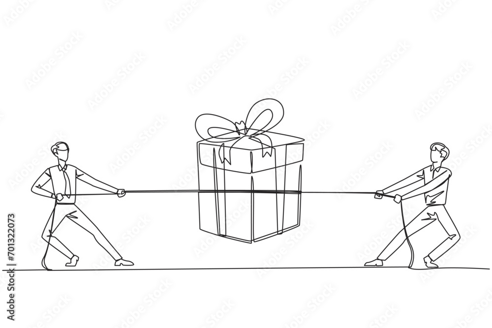 Poster single continuous line drawing two businessmen fighting over a gift box. trying to get each other bo