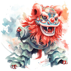 Chinese New Year, Lion dancing watercolor illustration