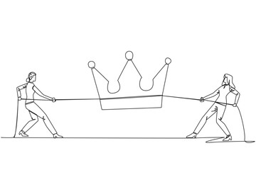 Single one line drawing two businesswomen fight for the crown. Competition to create highly profitable business empire. Facilitate personal interests. Continuous line design graphic illustration