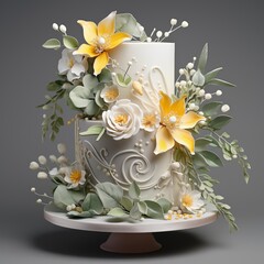 wedding cake white  yellow green flowers
