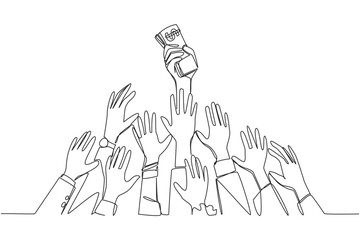 Continuous one line drawing hands fighting for banknotes. The strongest and longest hand capable of gaining profit. Receive attractive benefits. Save money. Single line draw design vector illustration