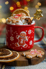 A cup of hot, aromatic cocoa with marshmallows, a calendar for 2024, a New Year's mood.