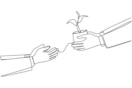 Single one line drawing businessman's hand gives a plant shoot to colleague. Investing shares in a partner's company. Increase capital to develop business. Continuous line design graphic illustration
