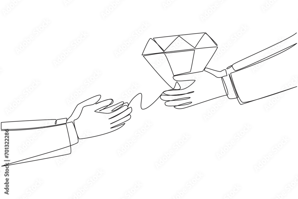 Poster continuous one line drawing a hand gives diamonds to its partner. a very valuable object and difficu