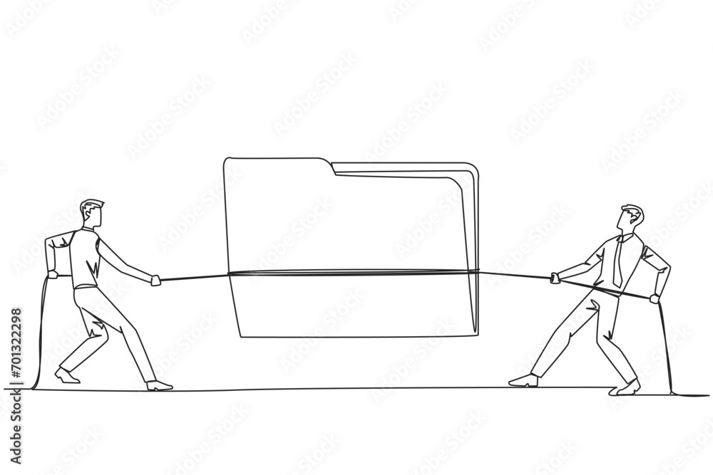 Poster continuous one line drawing two businessmen fighting over document folder. competition for the best 