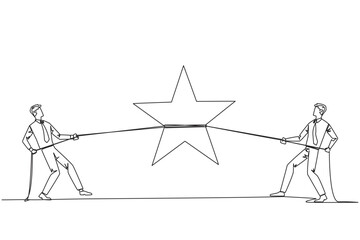 Single one line drawing two businessmen fighting for a star. Competition for award stars. Trying to achieve each other's perfect scores. Chasing the dream. Continuous line design graphic illustration