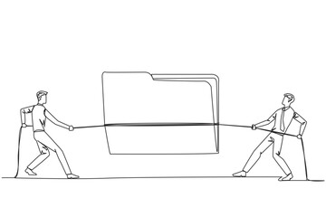 Continuous one line drawing two businessmen fighting over document folder. Competition for the best information for company progress. Important client data. Single line draw design vector illustration