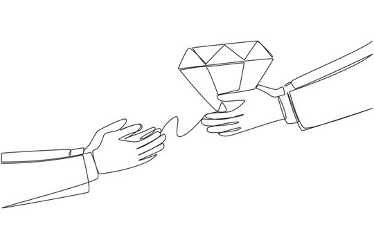Continuous one line drawing a hand gives diamonds to its partner. A very valuable object and difficult to obtain. Make sacrifices for business progress. Single line draw design vector illustration