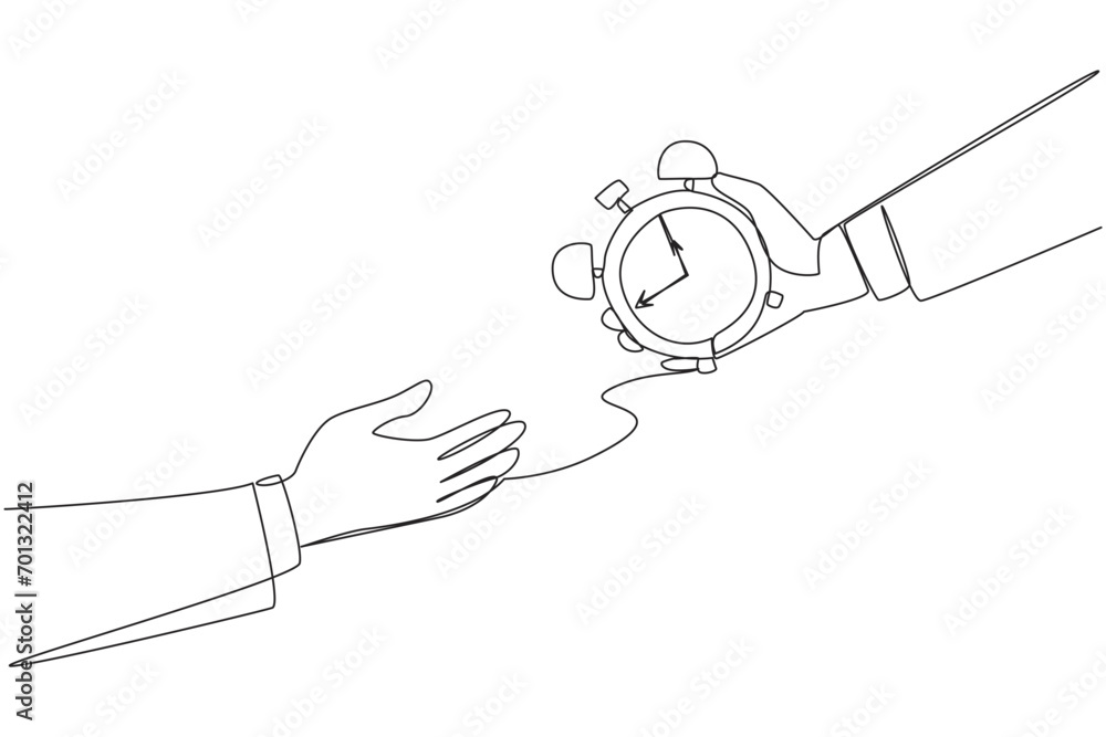 Poster single one line drawing hand gives alarm clock to colleague. submit difficult assignments so as not 
