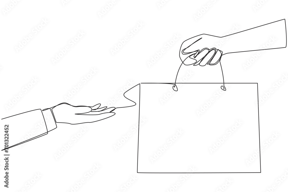Poster continuous one line drawing of hand giving paper bag. eco-friendly shopping bag. reduce the use of p