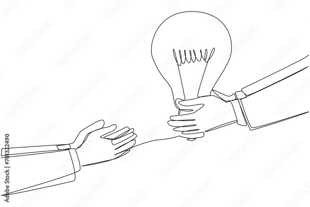 Poster continuous one line drawing hand giving lightbulb to colleague. providing best advice for the good a