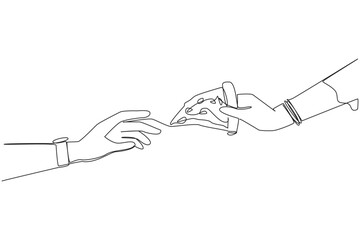 Single continuous line drawing hand giving slice of pizza. Foods that ruin diet pattern. Usually these foods have high levels of fat, salt and calories. Junk food. One line design vector illustration - obrazy, fototapety, plakaty