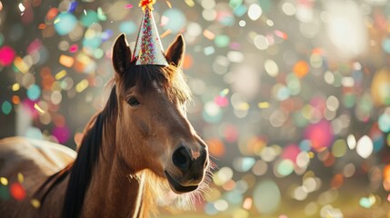 Happy cute animal friendly horse wearing a party hat celebrating at a fancy birthday party