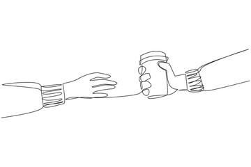 Continuous one line drawing a hand gives a paper cup. Buying a cup of warm coffee will increase the concentration. Drinking warm tea can relax the body. Single line draw design vector illustration
