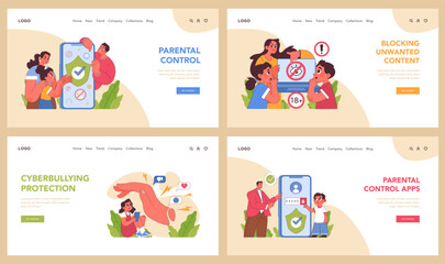 Parental control set. Managing child safety online with diverse applications. Family engaging in digital education, content filtering, and activity monitoring. Flat vector illustration