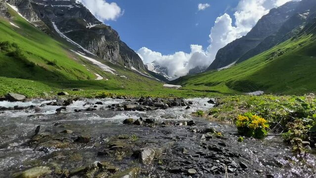 Breathtaking summer alpine landscape with lush green meadows, a flowing stream, and majestic snow-capped mountain peaks under a blue sky with clouds, Georgia