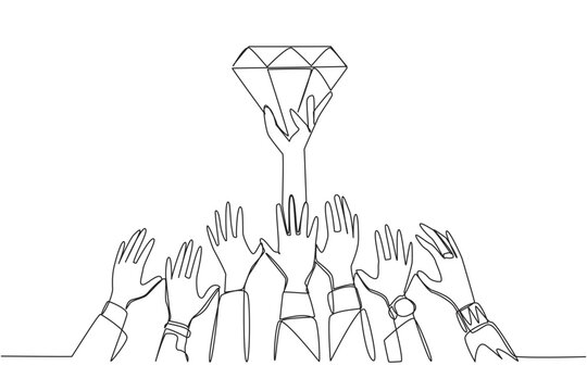 Continuous one line drawing hands fighting for diamonds. Fighting for luxury. Greedy hands want to control all the profits. Exhausting greed. Pseudo-fun. Single line draw design vector illustration