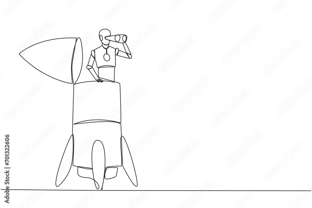 Poster continuous one line drawing a smart robot appears from the end of the rocket looking for something t